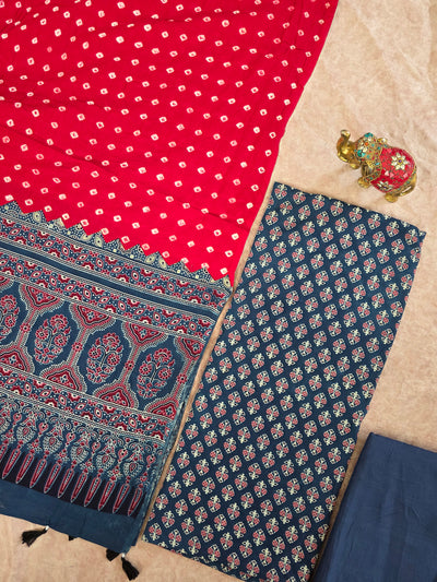 Handcrafted ajrakh cotton top with pure bandhani cotton shawl - BAA8