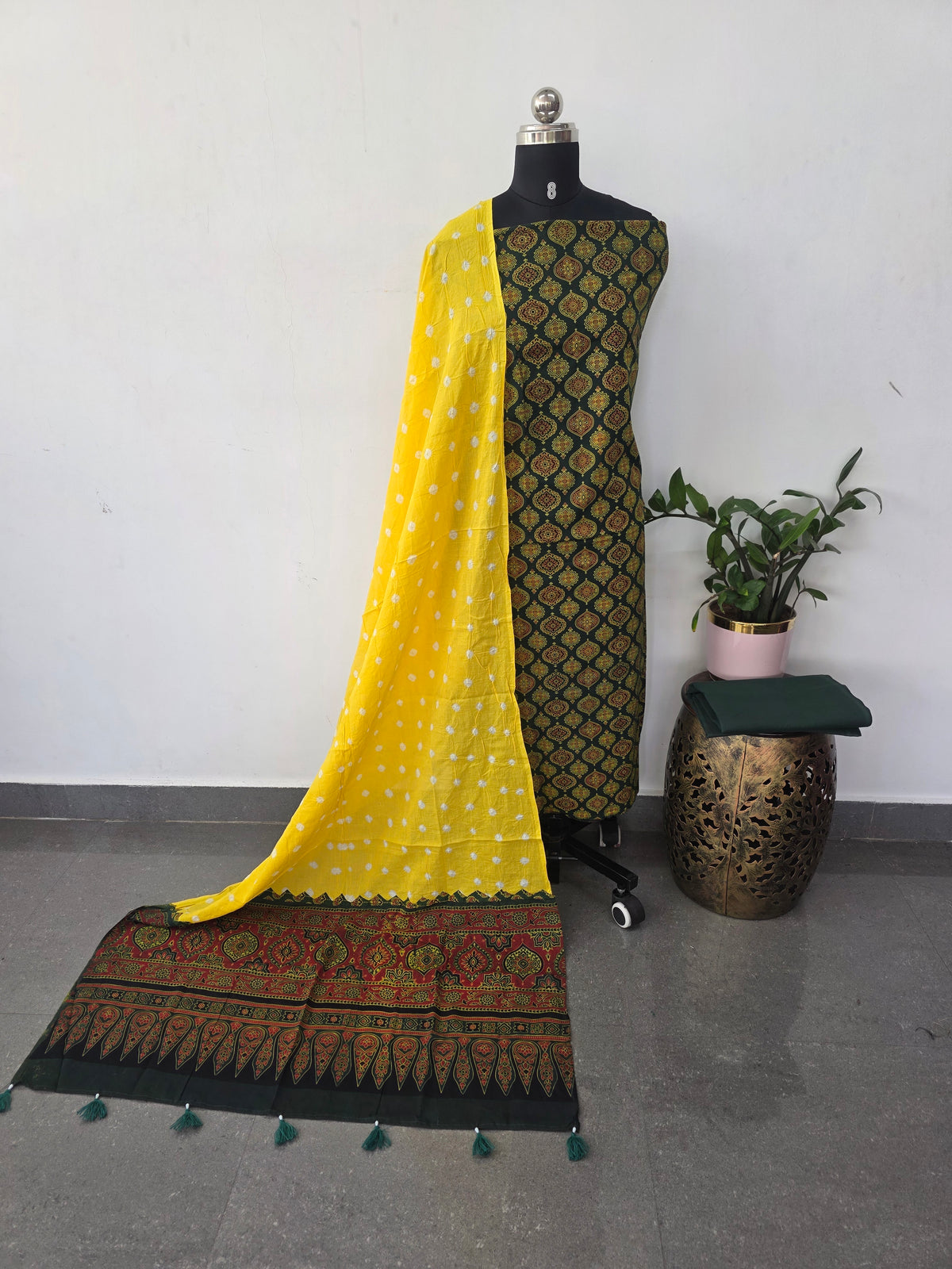 Handcrafted ajrakh cotton set with bandhini duppatta-HZ374