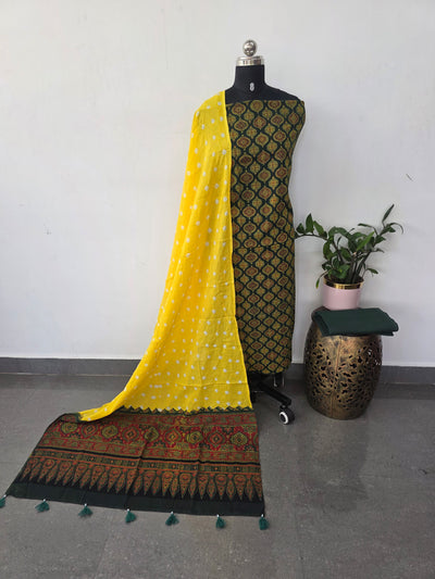 Handcrafted ajrakh cotton set with bandhini duppatta-HZ374