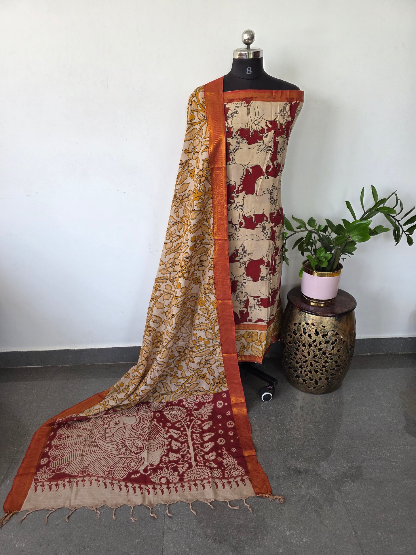 Gap border Mangalagiri kalamkari silk sets (3 mtrs top) - GA24