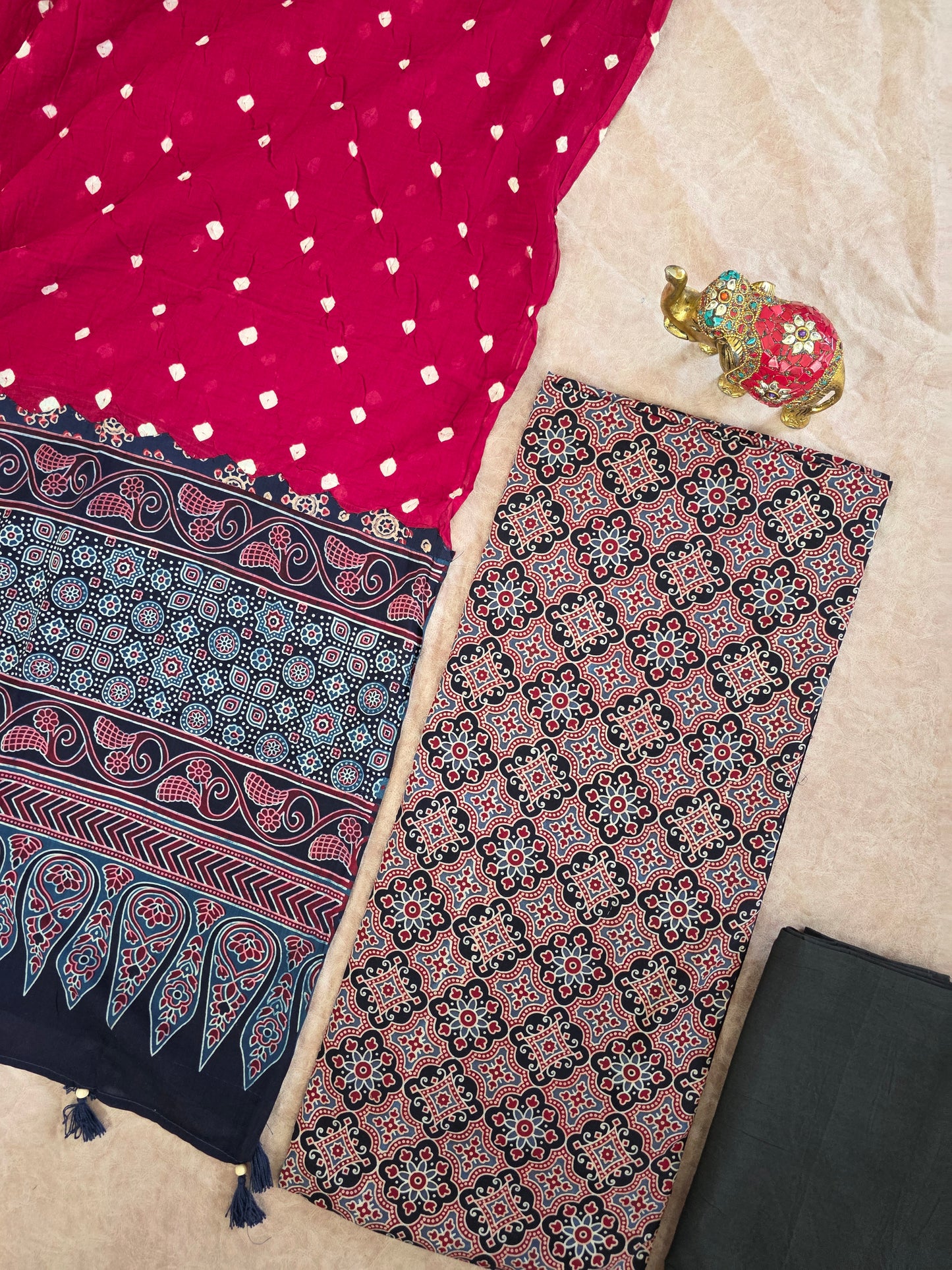 Handcrafted ajrakh cotton top with pure bandhani cotton shawl - BAA6