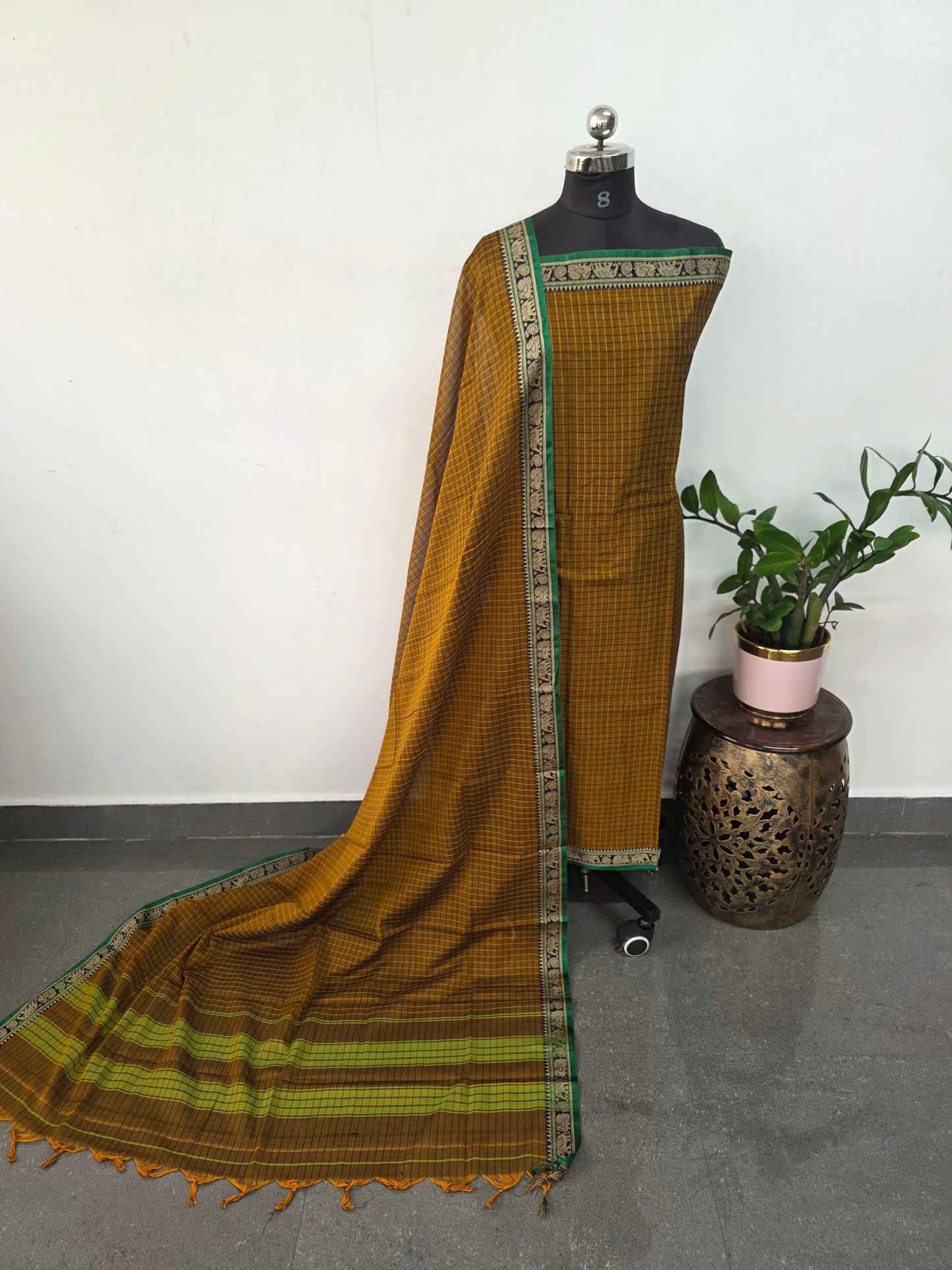 Checked Mercerised narayanapet salwar set with elephant border (4.5 meters)- NA531