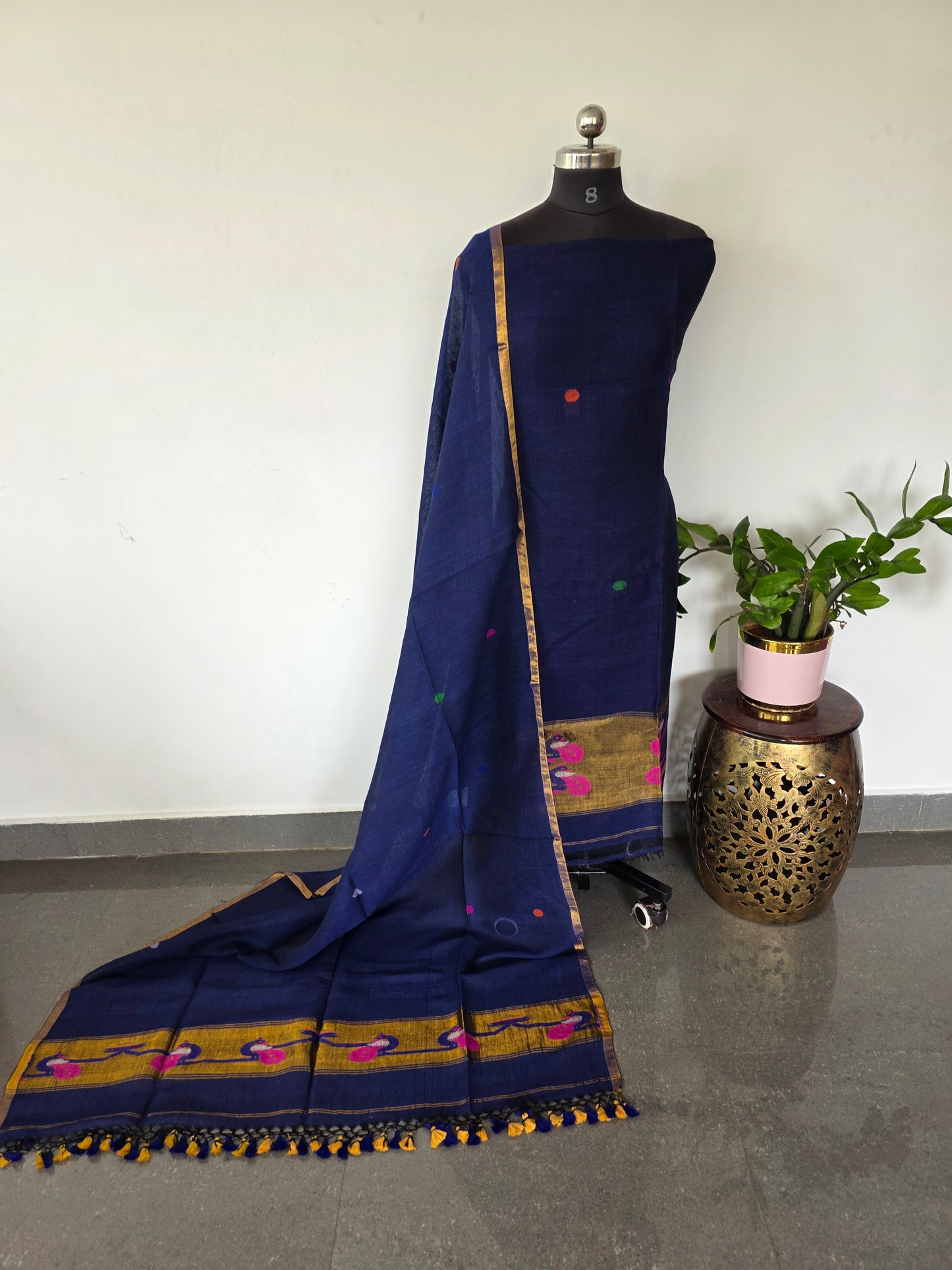 Premium handloom linen Paithani jamdhani set (blue)- JMM332