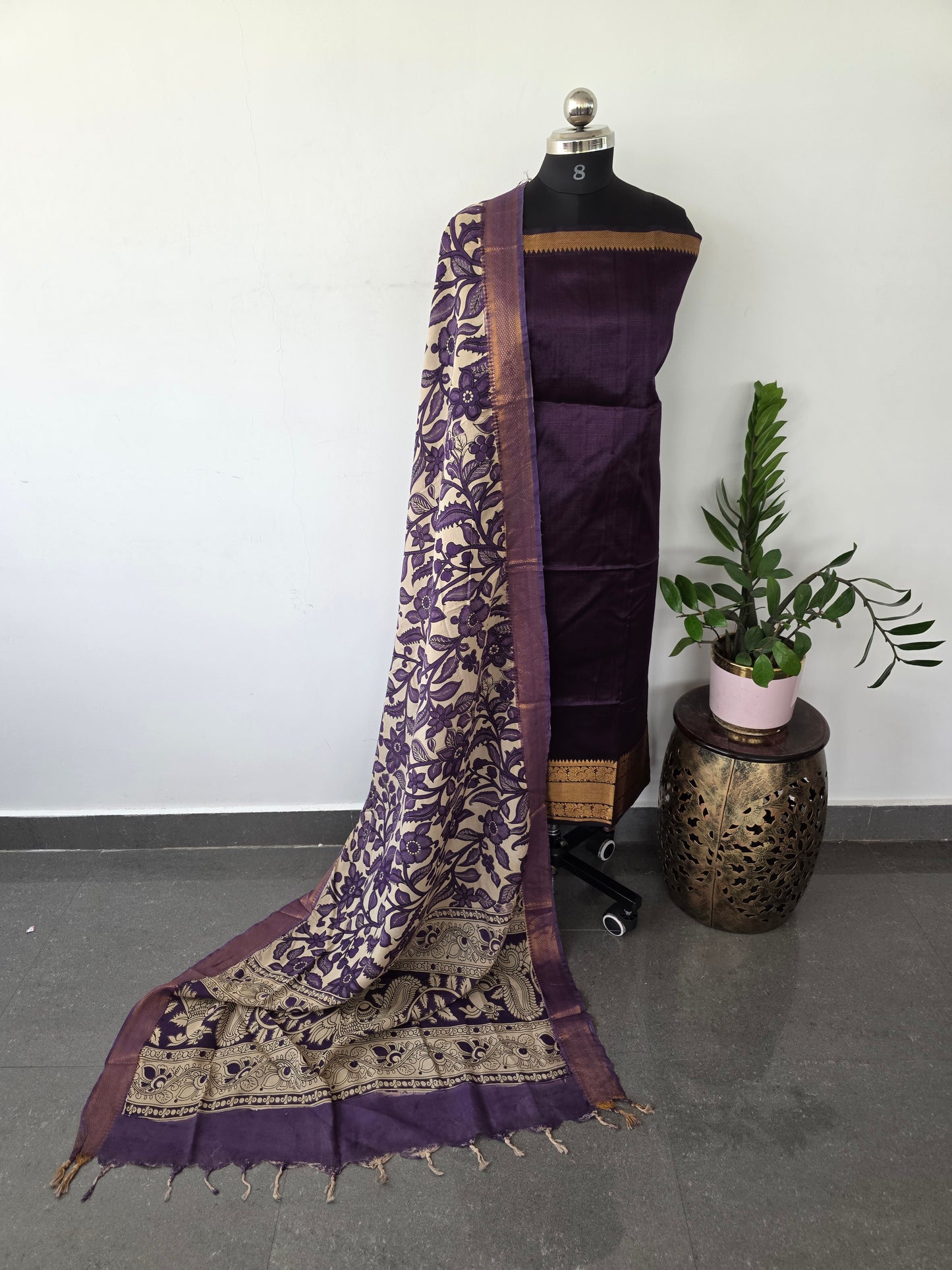 Handloom Mangalagiri silk kanchi border top with chennuri silk kalamkari shawl  - AK94