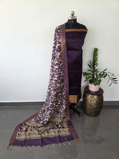 Handloom Mangalagiri silk kanchi border top with chennuri silk kalamkari shawl - AK94