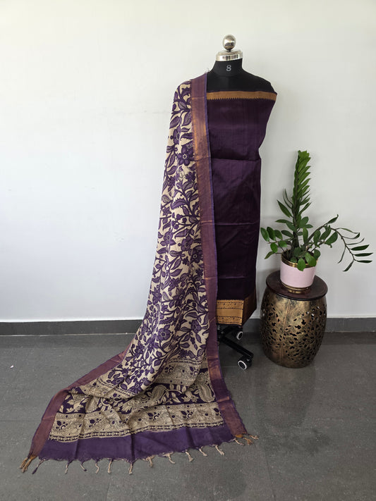 Handloom Mangalagiri silk kanchi border top with chennuri silk kalamkari shawl  - AK94