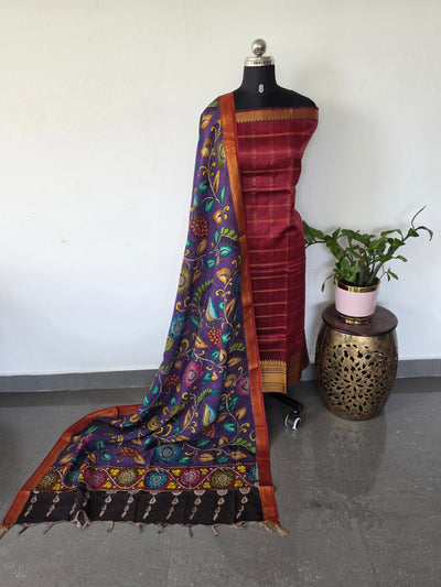 Handloom checked  mangalagiri pattu silk top with penkalamkari duppatta -AK586