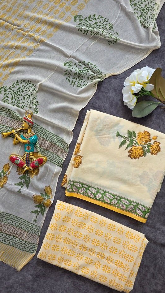Handblock Jaipuri pure cotton with chiffon shawl - JX54