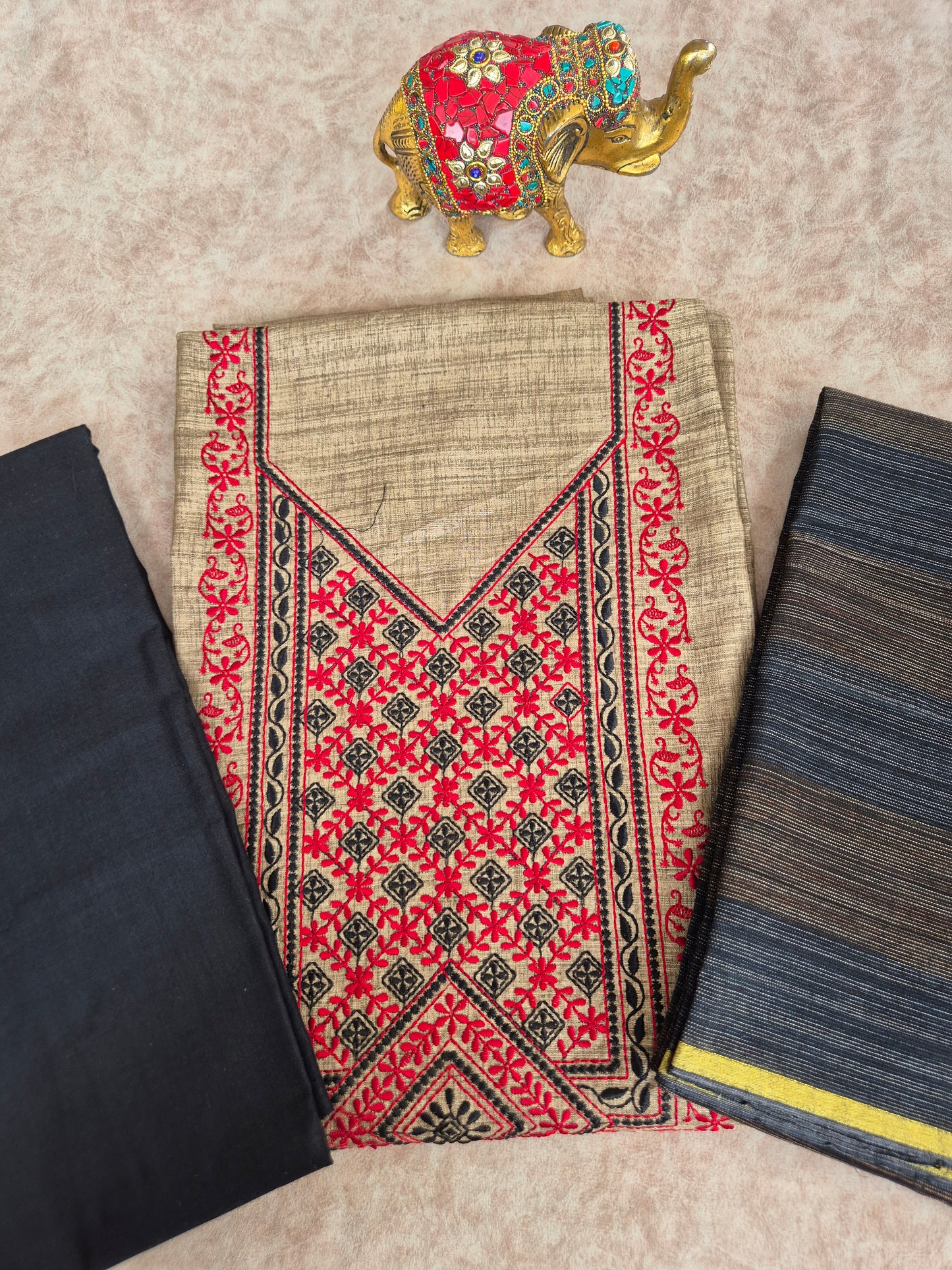 Embroidery cotton set with semi silk shawl