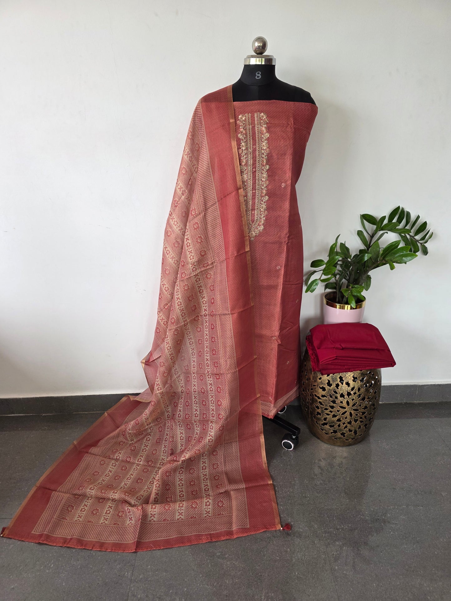 Premium tissue silk set with embroidery neck work -CLA344