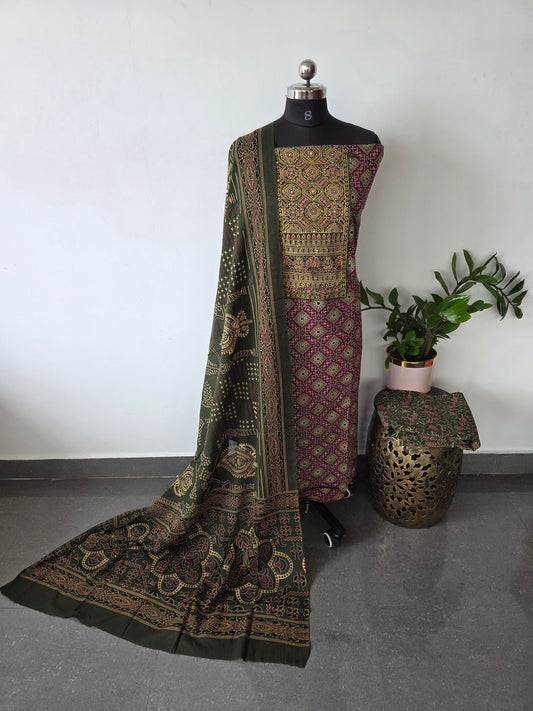 Premium Pure ajrakh cotton with gamthi neck work salwar - AS32