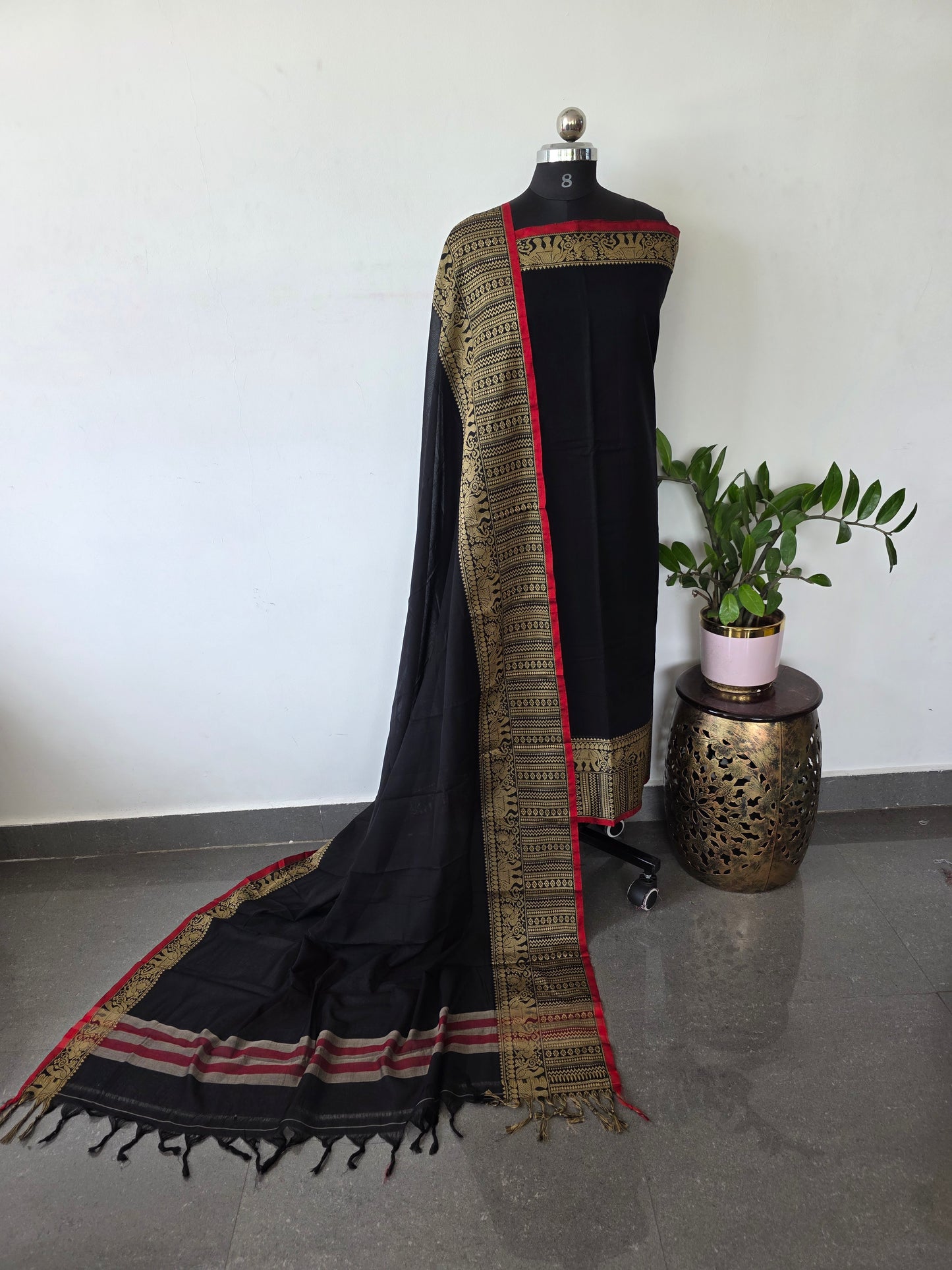 Mercerised narayanapet salwar set with elephant border (4.5 meters)(black)- NA364