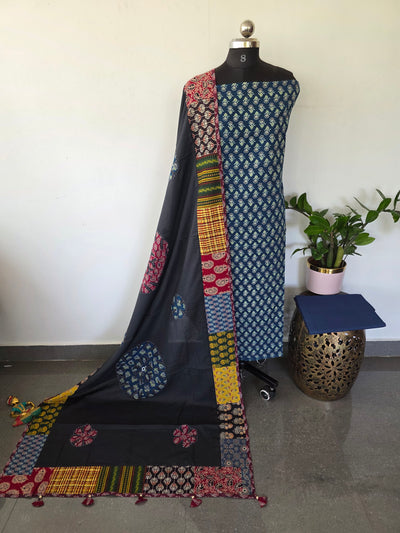 Handcrafted ajrakh cotton top with applique cotton shawl - BAA37