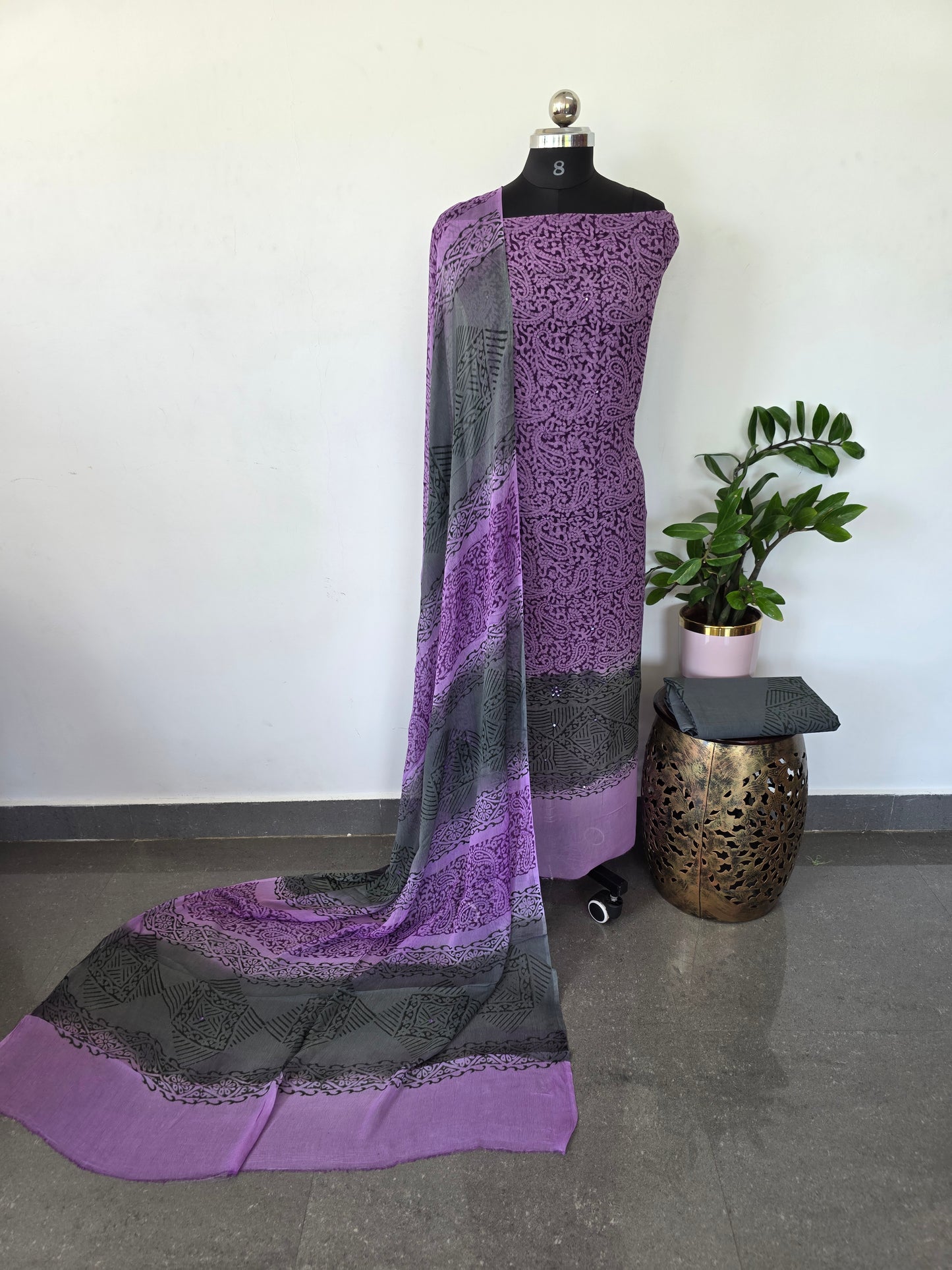 Handblock georgette salwar set with handwork mirror work- GE150