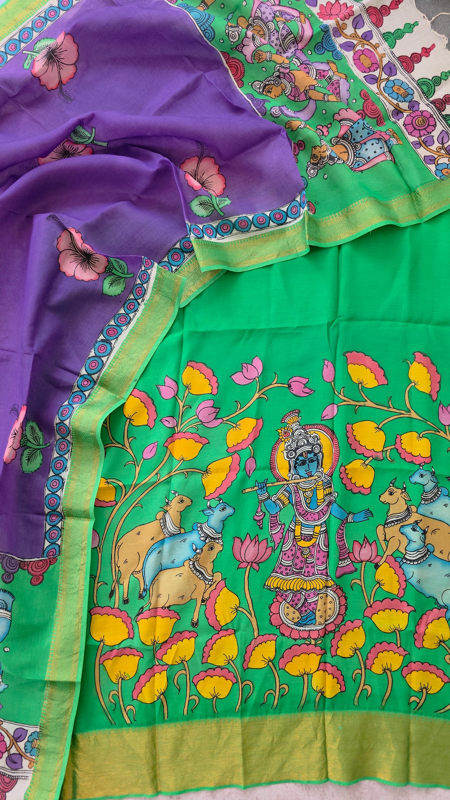Handcrafted Kalahasthi Penkalamkari bangalore silk set - KH32