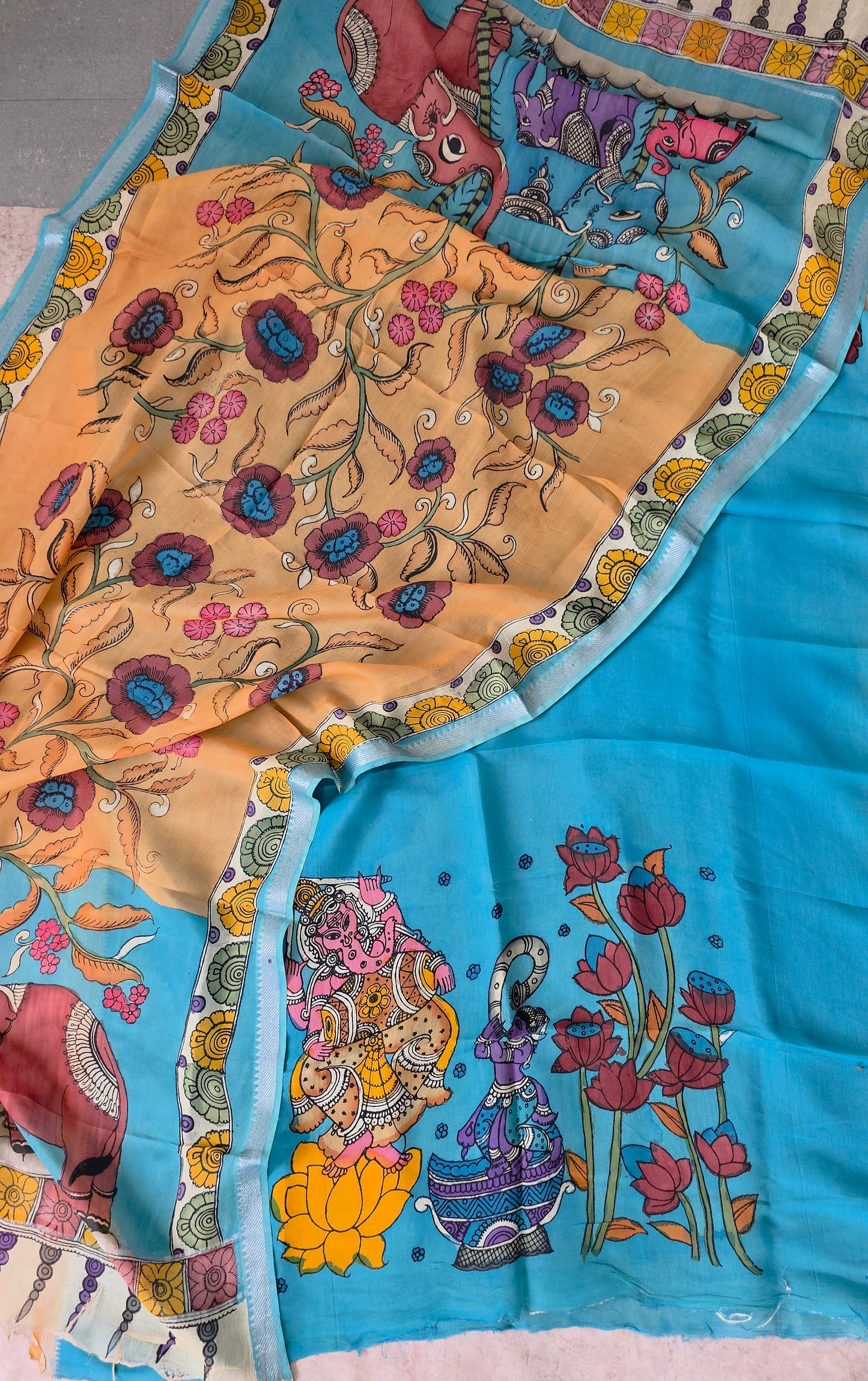 Handcrafted Kalahasthi Penkalamkari bangalore silk set - KH78
