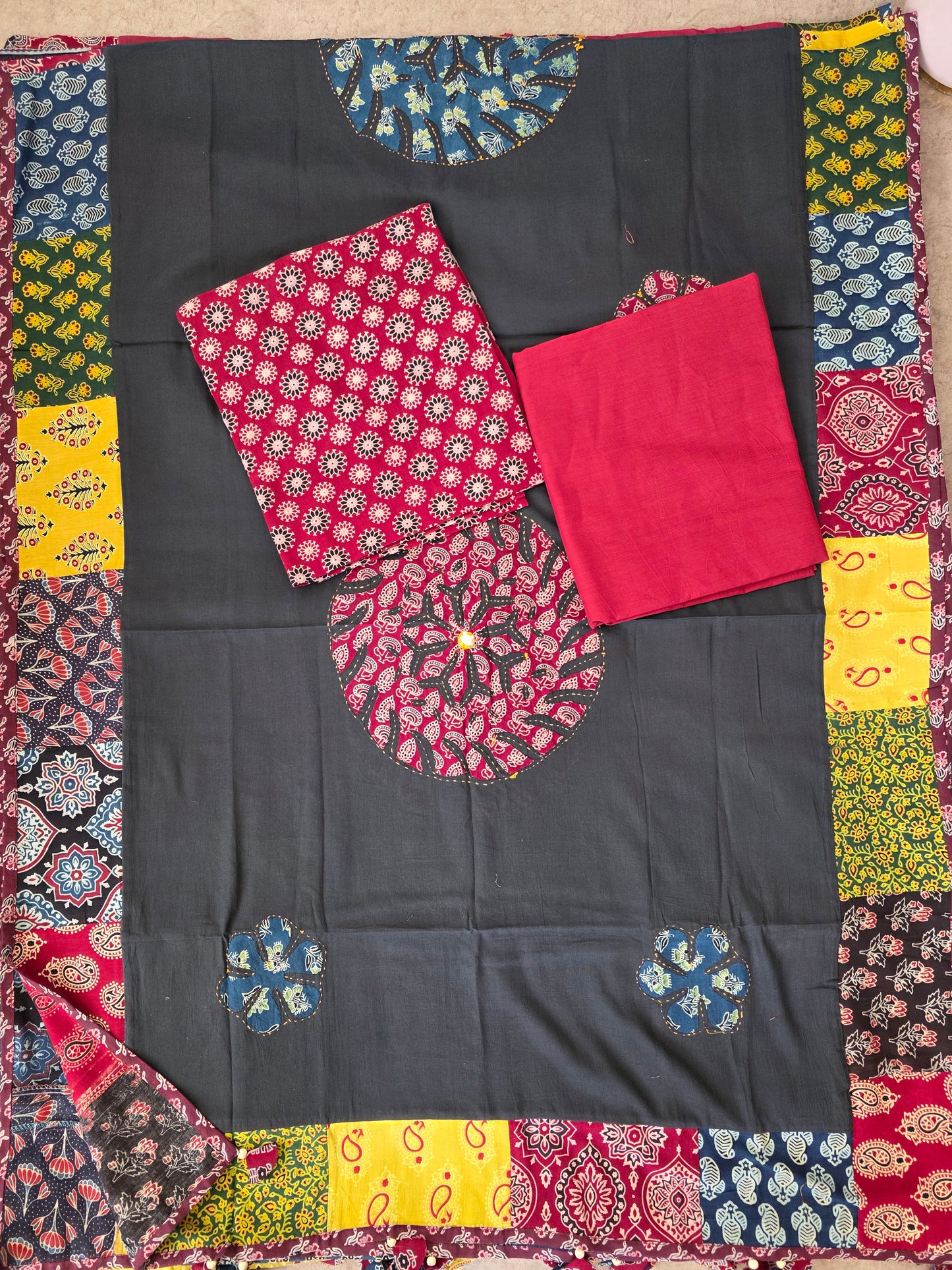 Handcrafted ajrakh cotton top with applique cotton shawl - BAA26