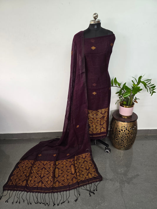 Premium handloom linen jamdhani set (brown)- JMM207