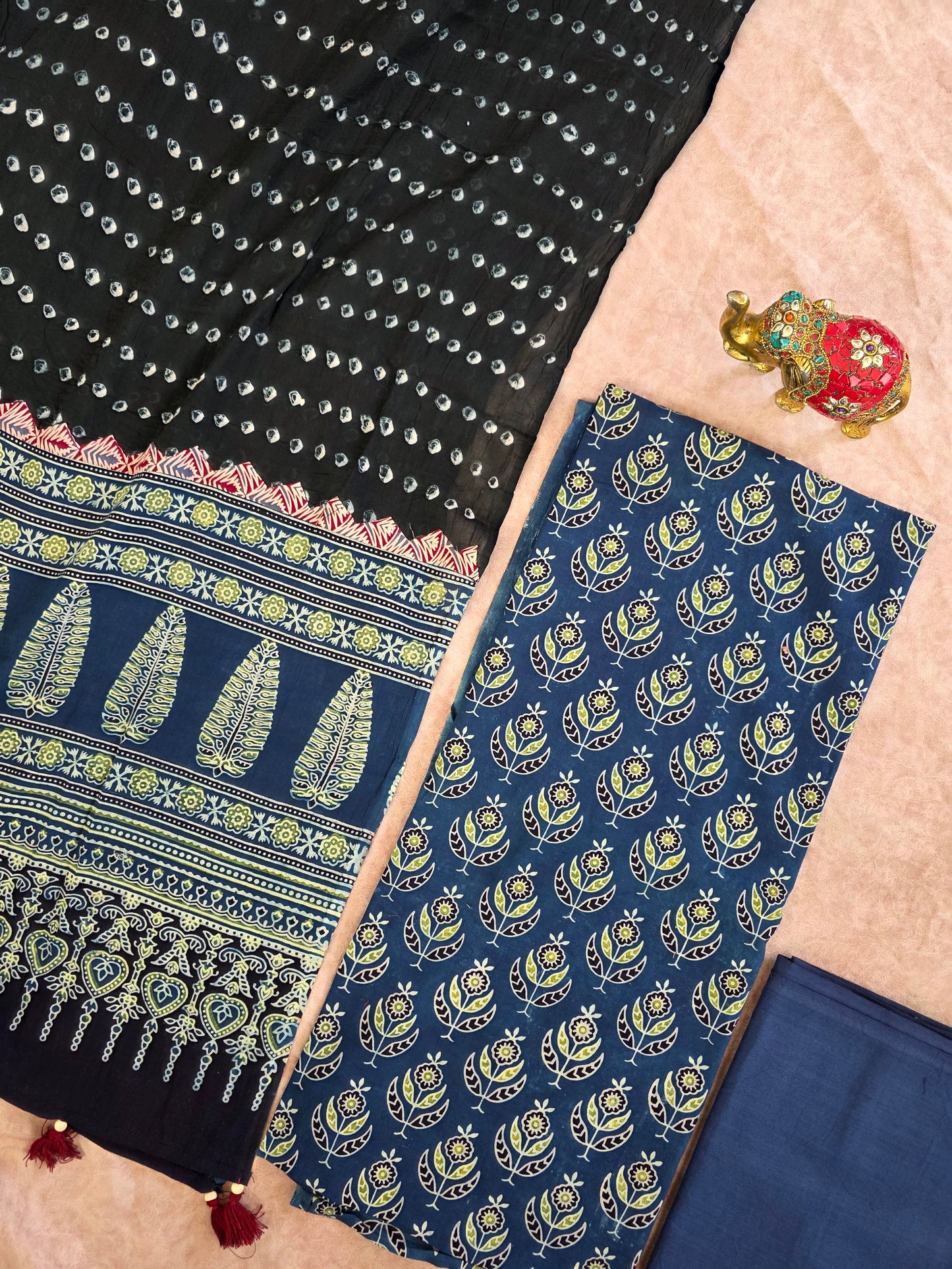 Handcrafted ajrakh cotton top with pure bandhani cotton shawl - BAA19