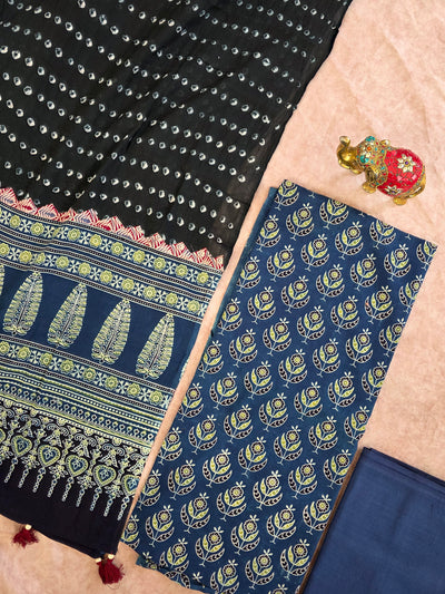 Handcrafted ajrakh cotton top with pure bandhani cotton shawl - BAA19