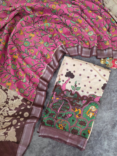 Kalamkari katha-  Chennuri pure kalamkari silk set - AK383