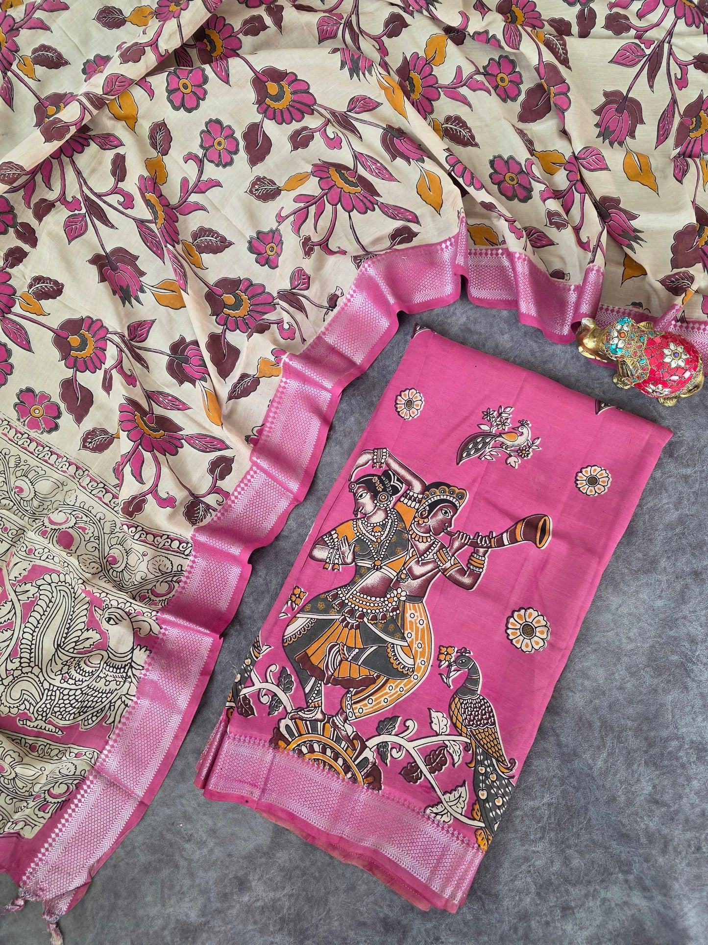 Kalamkari katha- Chennuri pure kalamkari silk set - AK388