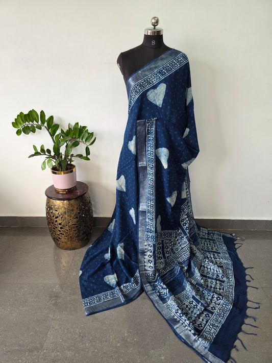 Handblock Jaipuri linen cotton saree - JA818