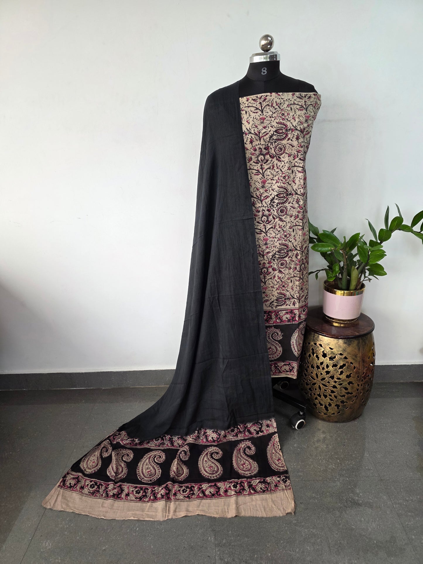 Handblock pure kalamkari cotton with border ( 2 pc set )- AK292