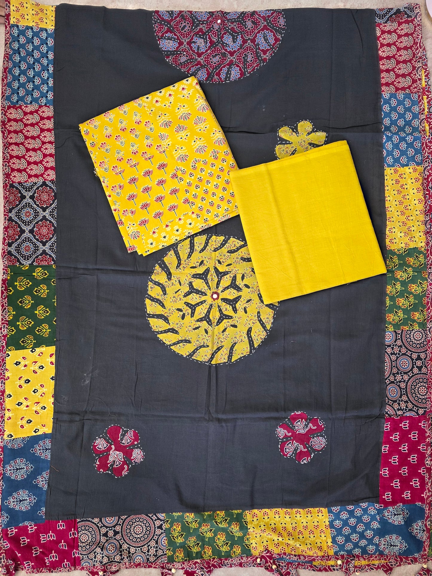 Handcrafted ajrakh cotton top with applique cotton shawl - BAA35