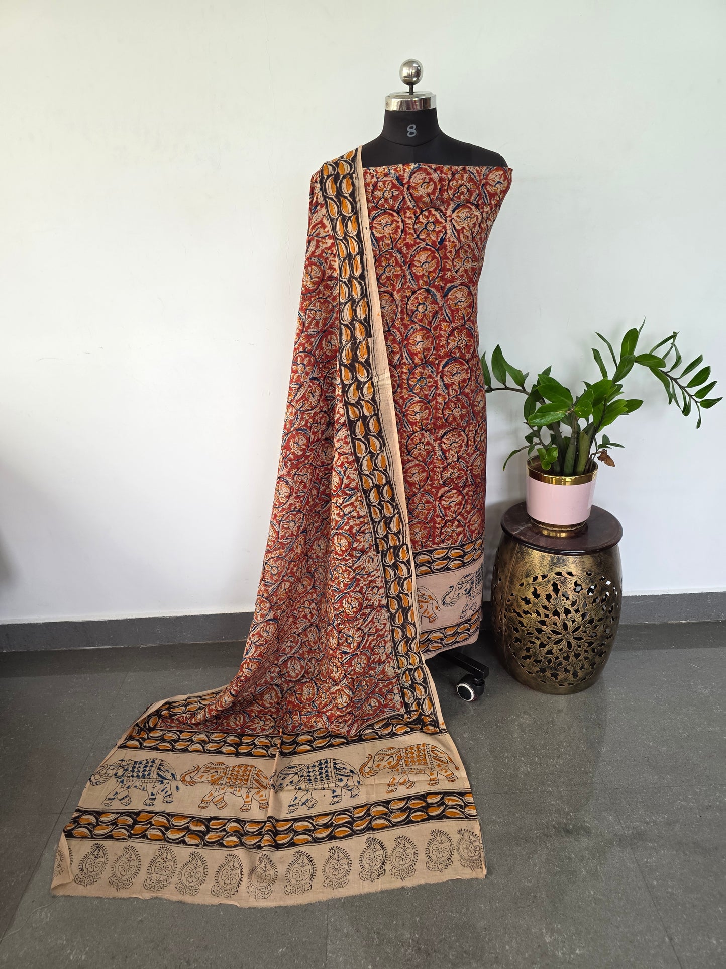 Handblock pure kalamkari cotton with border ( 2 pc set )- AK172