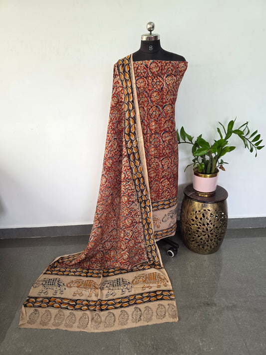 Handblock pure kalamkari cotton with border ( 2 pc set )- AK172