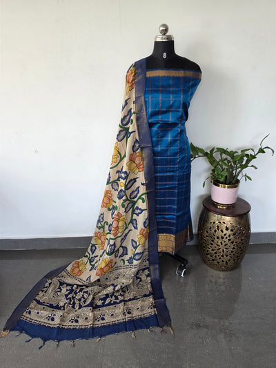 Handloom checked mangalagiri pattu top with chennuri kalamkari duppatta-AK609