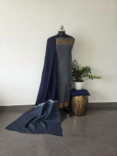 Madurai sungudi zari kattam salwar set - grey with blue MS23