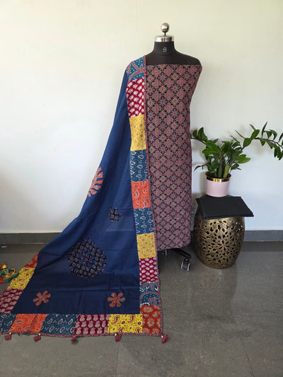 Handcrafted ajrakh cotton top with applique cotton shawl - BAA40
