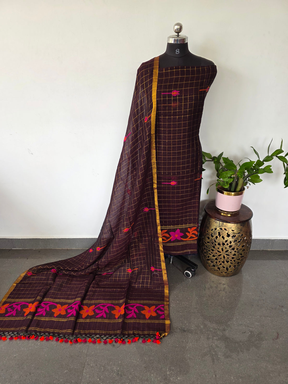 Premium checked handloom linen jamdhani set - JMM349