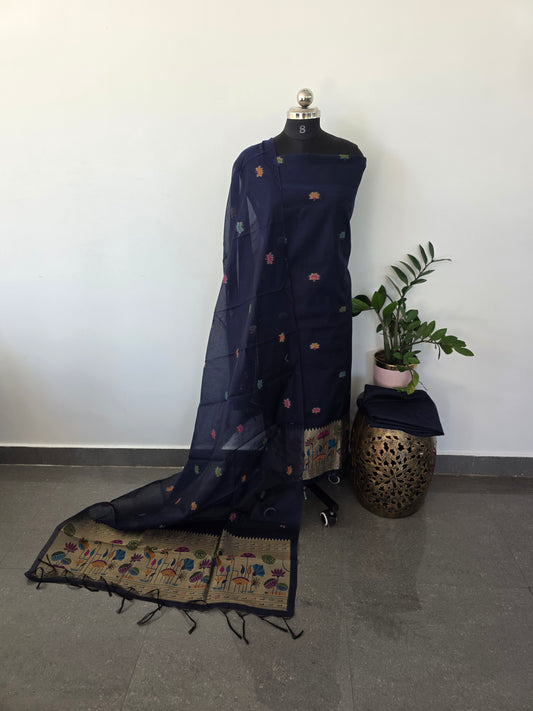 Premium jamdhani paithani silk cotton set (blue)- X5