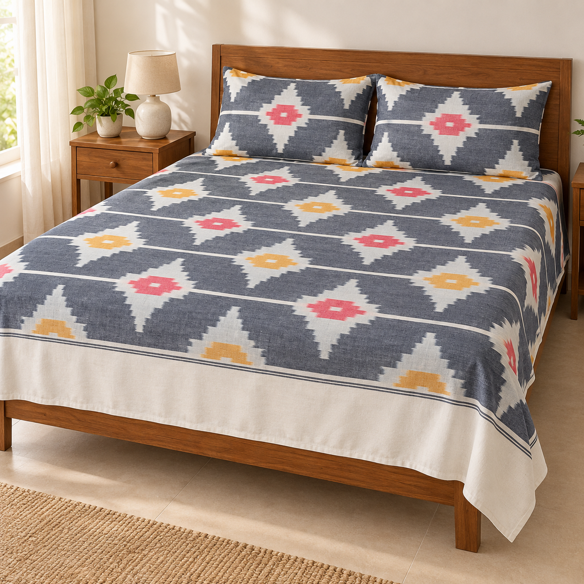 Warp ikkat bed sheets (90*108 2/40s bedsheet with pillow) - WW680
