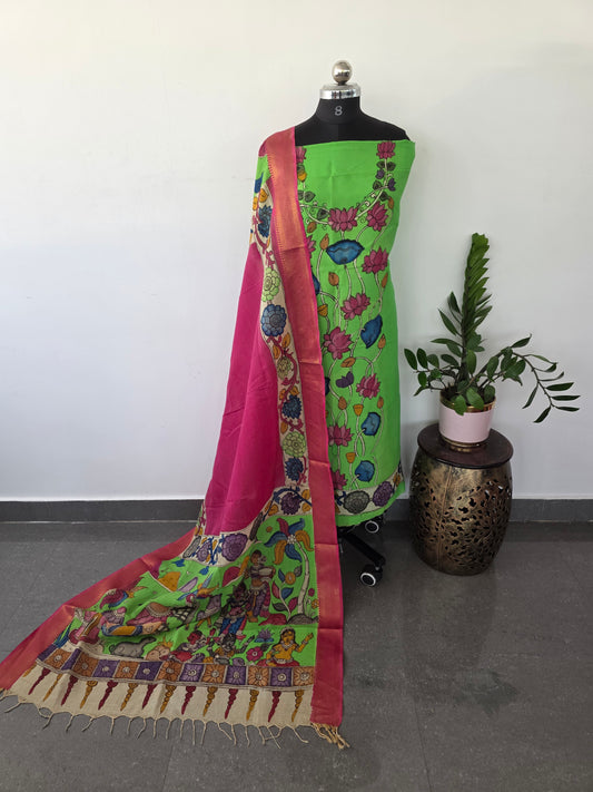 Handcrafted Kalahasthi Penkalamkari bangalore silk set- HP19