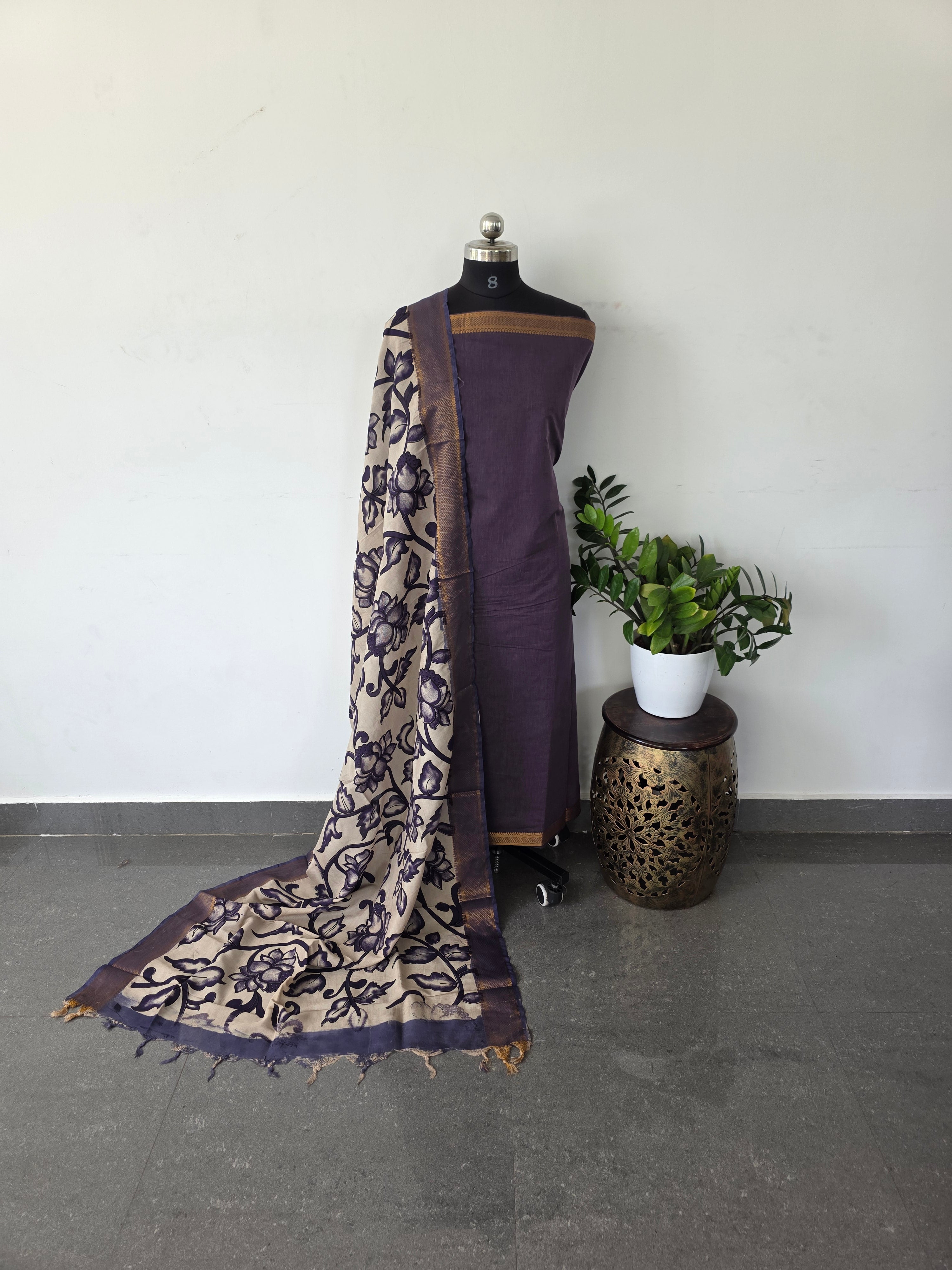 Premium mangalagiri cotton top with pure kalamkari silk shawl - MK12