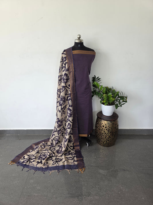 Premium mangalagiri cotton top with pure kalamkari silk shawl - MK12