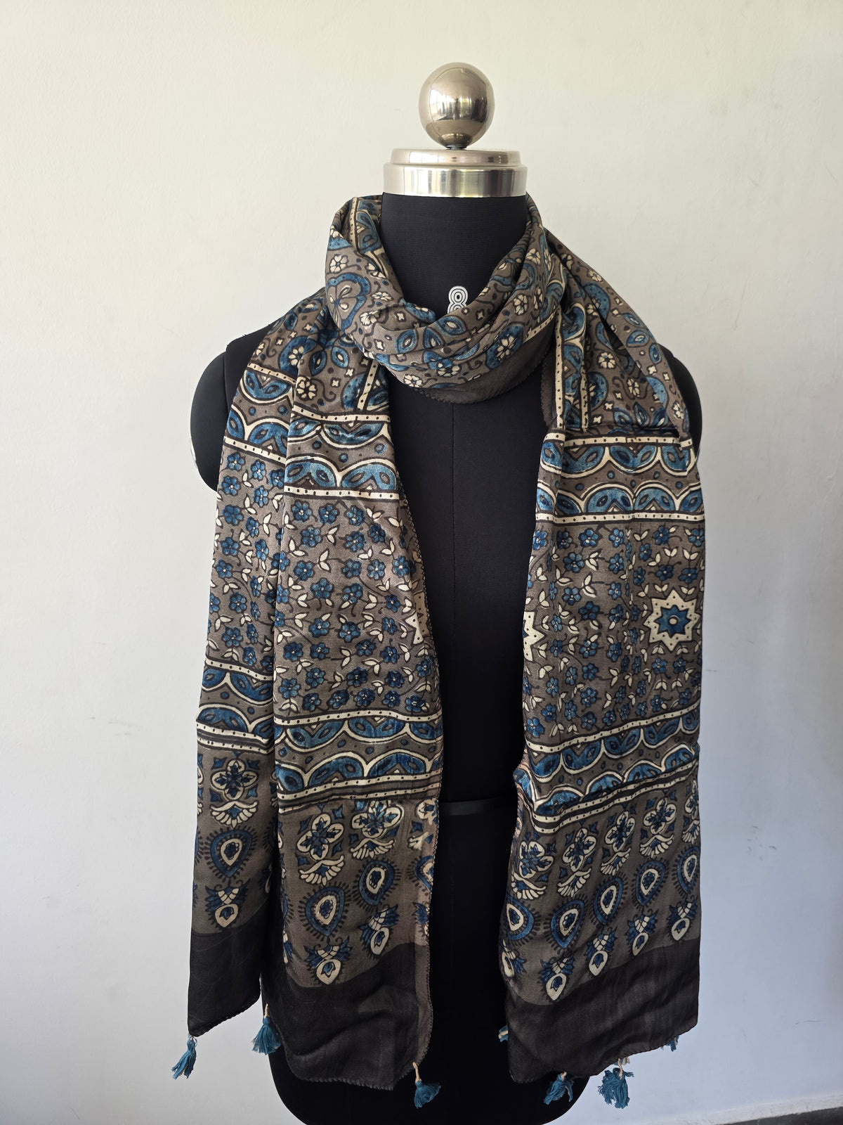 Ajrakh Handblock natural dyed mashru silk stole-MV78