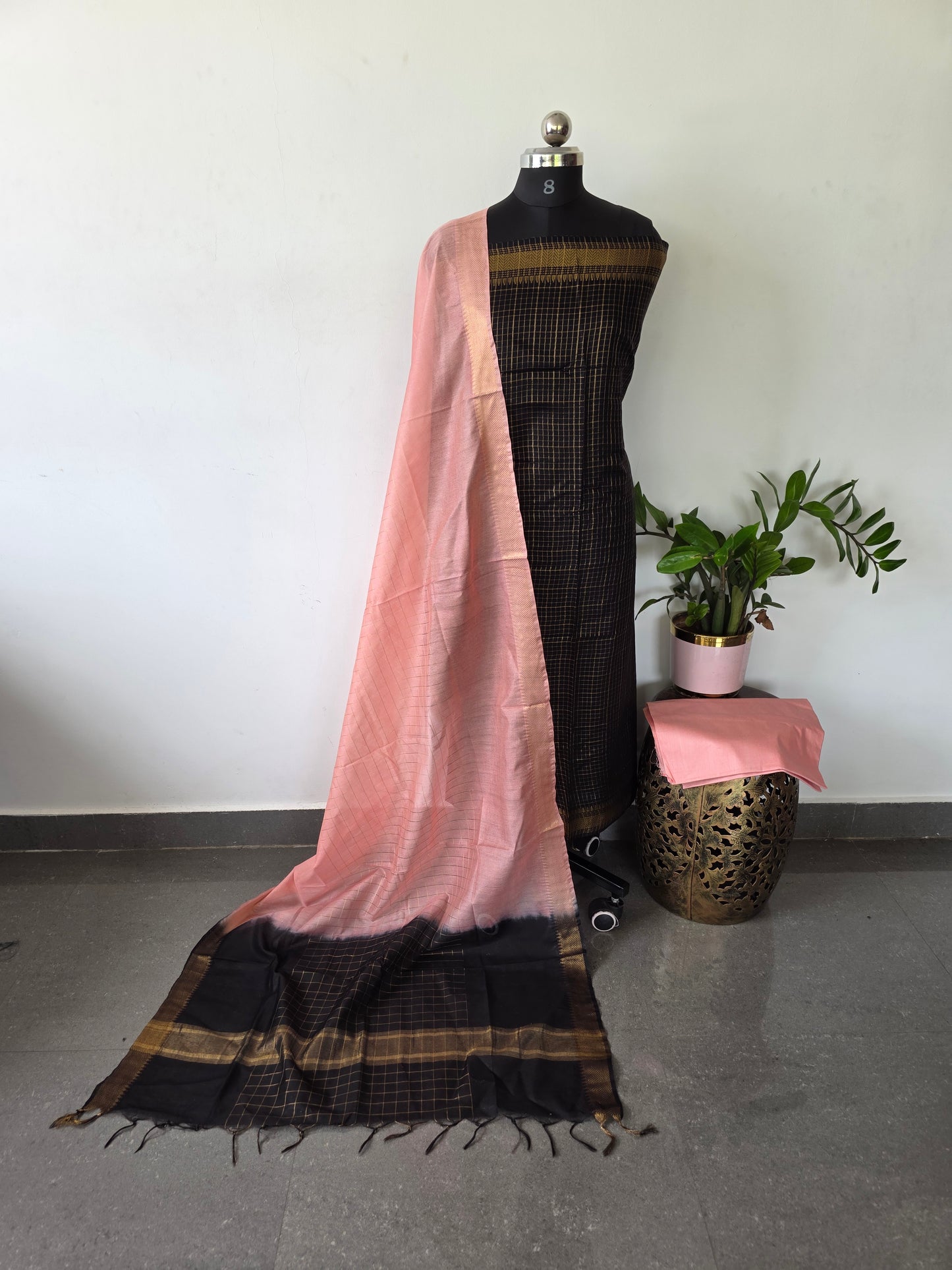 Checked Bhagalpuri fusion mangalagiri silk set - BA328