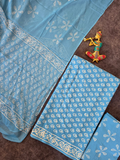 Handblock jaipuri cotton with chiffon duppatta- JA599