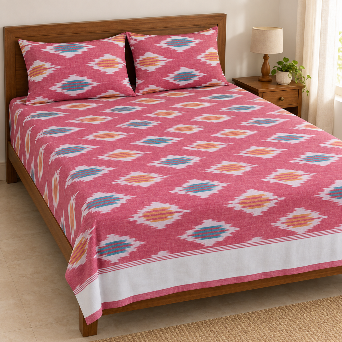 Warp ikkat bed sheets (90*108 2/40s bedsheet with pillow) -WW674
