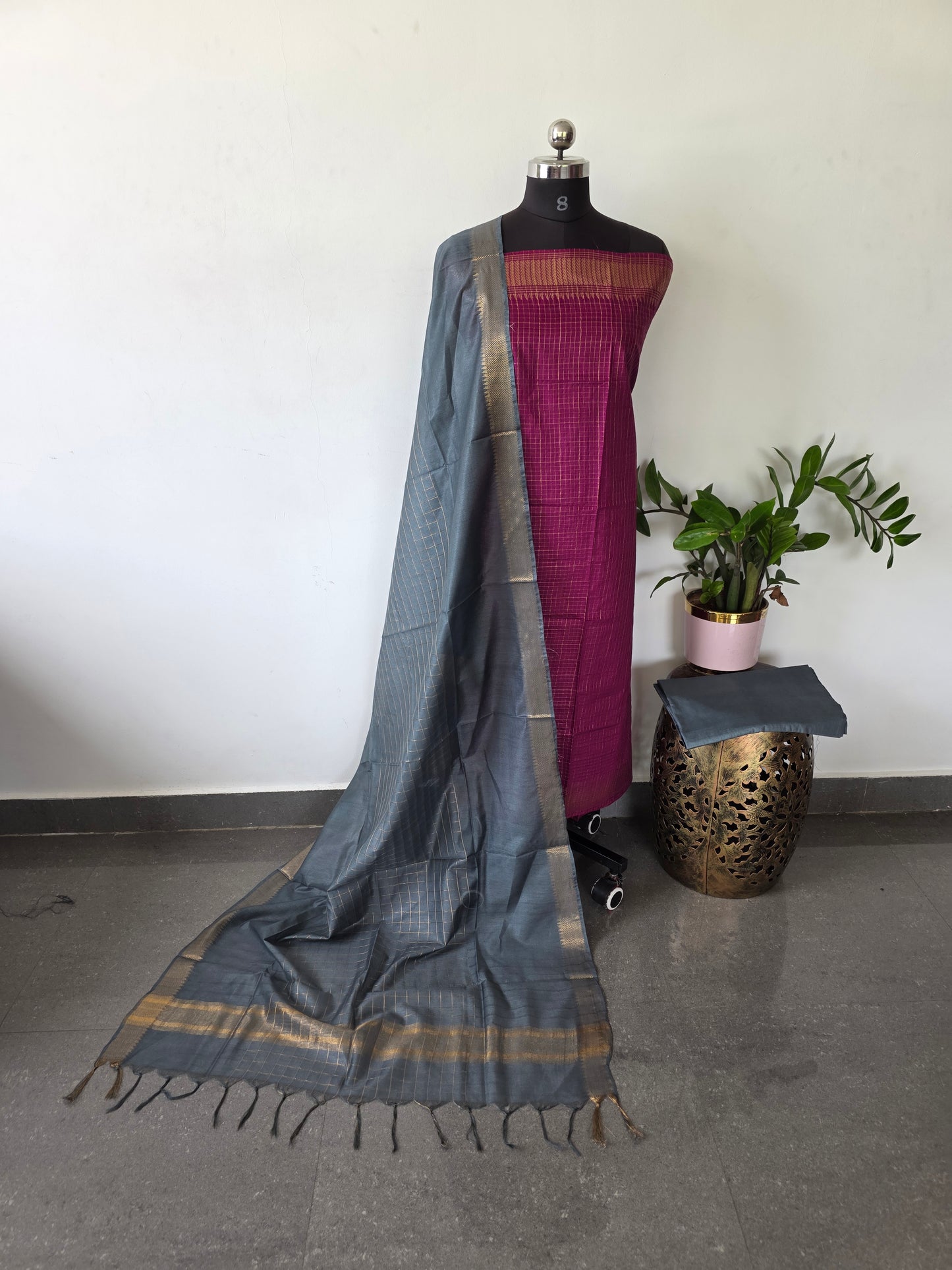 Checked Bhagalpuri fusion mangalagiri silk set - BA329