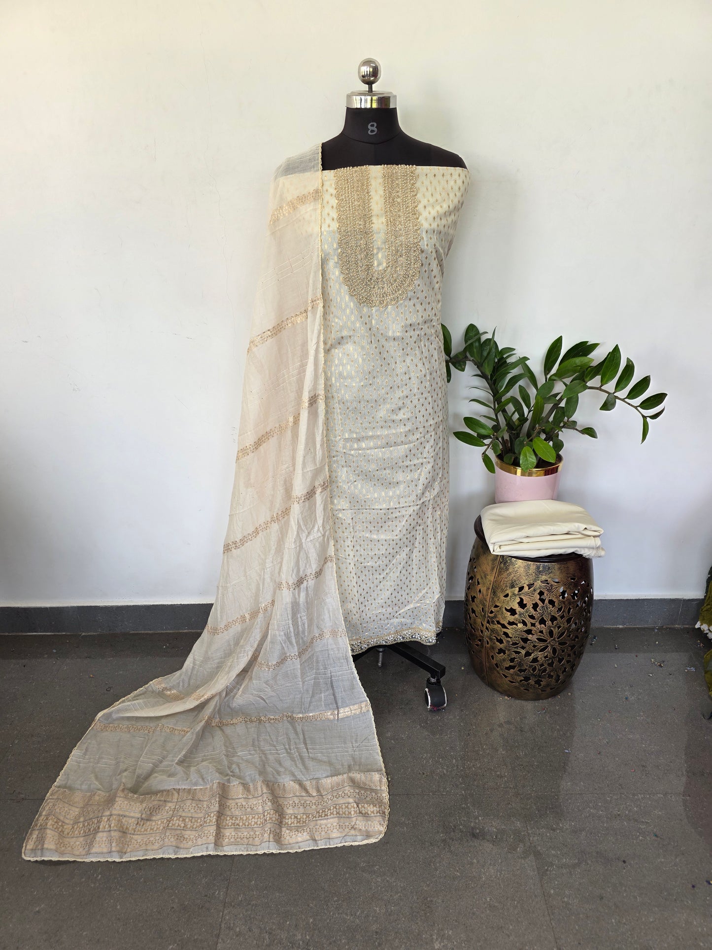 Fancy handwork embroidery chanderi silk set ( with lining )- CLA466