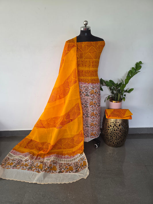 Handblock georgette salwar set cotton duppatta with crochet lace border - GE95