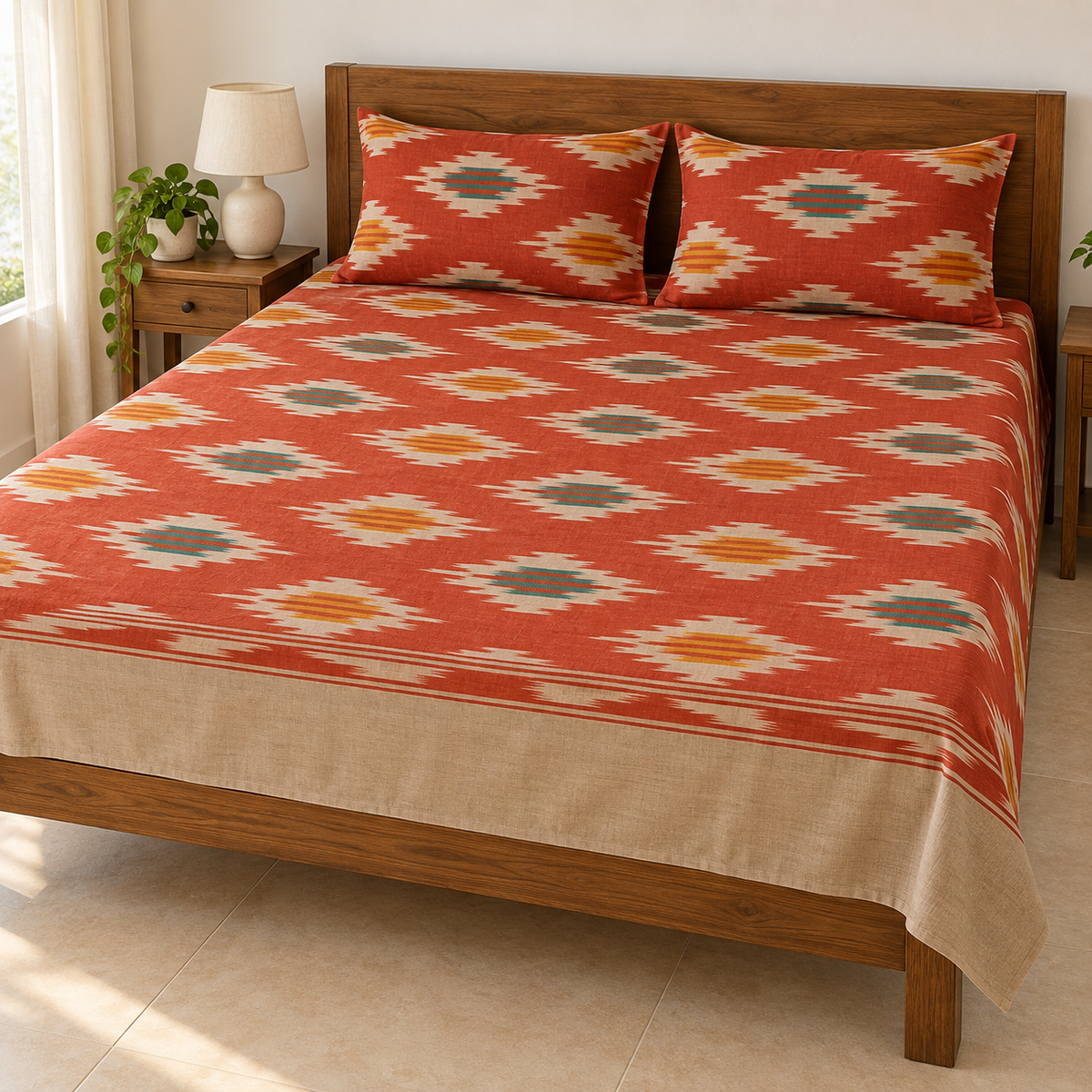 Warp ikkat bed sheets (90*108 2/40s bedsheet with pillow) -WW684