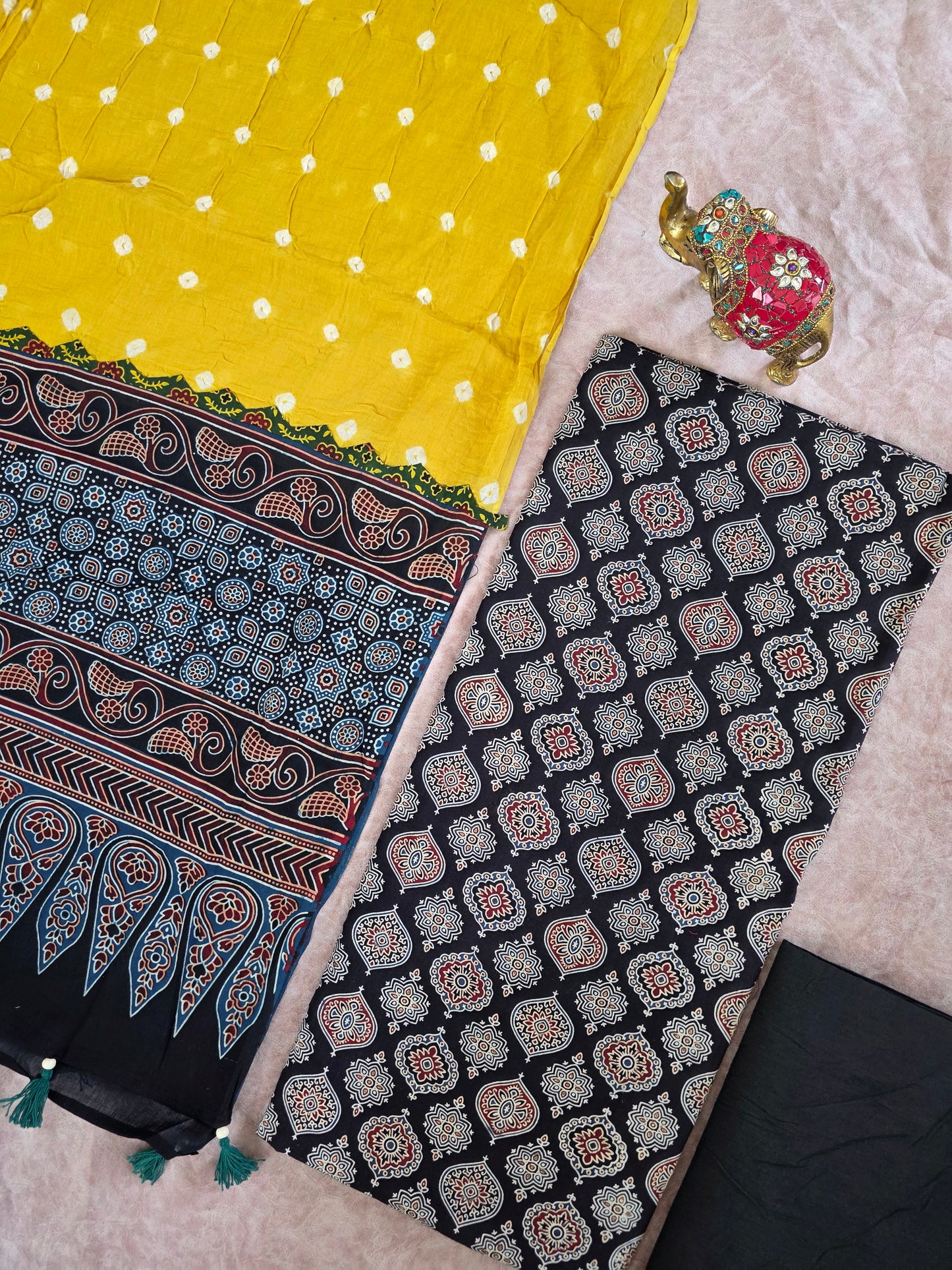 Handcrafted ajrakh cotton top with pure bandhani cotton shawl - BAA3