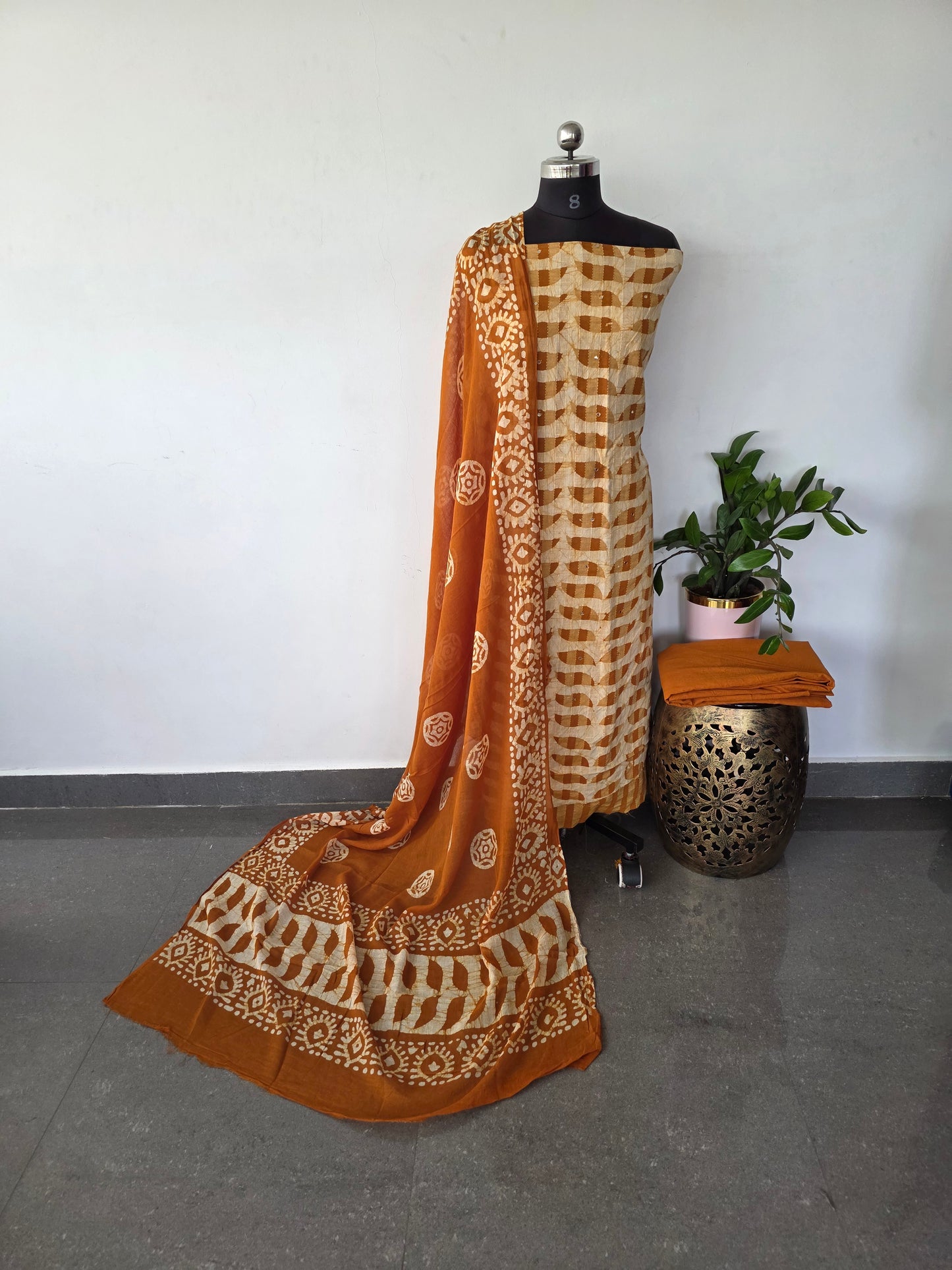Dull patta kantha batik cotton set with mirror work - BA236